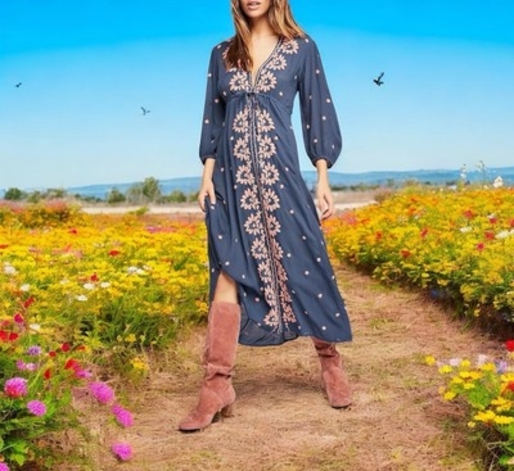 Free People Women's Blue Pink Embroidered Boho Maxi Dress XS V-Neck NWT $168